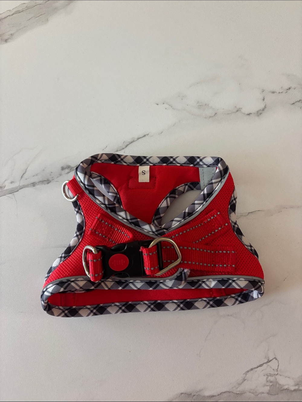 Small Red Plaid-Trim Dog Harness - Secure & Breathable